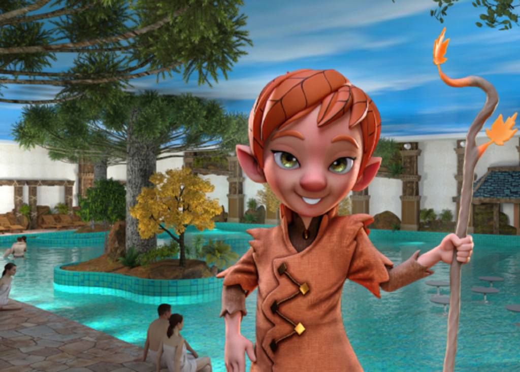 Ottoz, o mestre dos ventos do Acquamotion, personagem do parque aquático em Gramado, posando ao lado da piscina, com um cenário de águas termais e vegetação ao fundo.