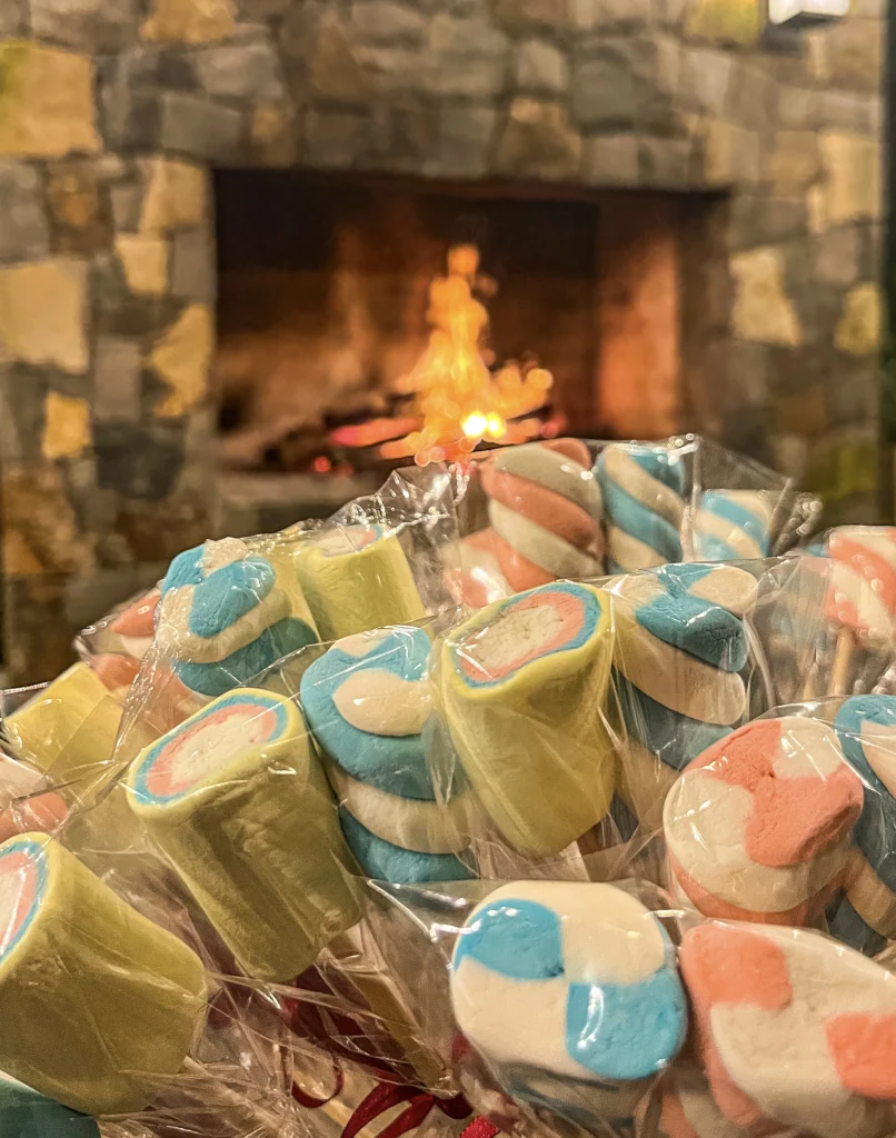 Marshmallows coloridos embalados prontos para assar na lareira durante as férias de julho no hotel Recanto da Serra, criando um clima aconchegante e divertido para a família.