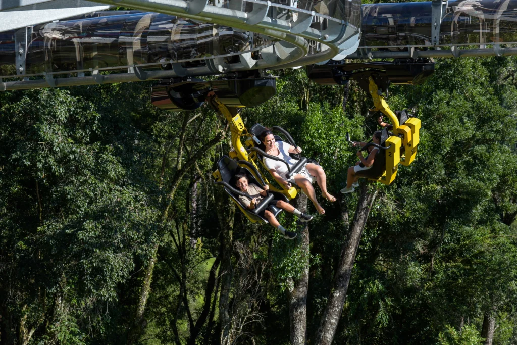 Pessoas em cadeiras suspensas do Aerozuum Canela, percorrendo trilho aéreo em meio à mata nativa da Serra Gaúcha, com vista panorâmica e sensação de adrenalina nas alturas.