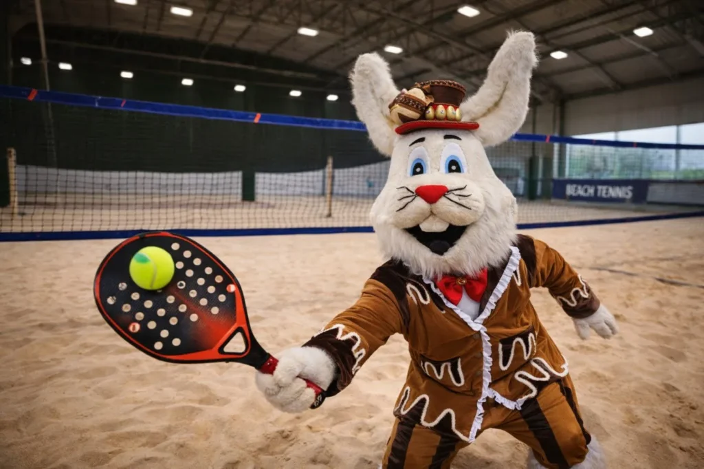 Personagem de coelho da Choco Páscoa em Gramado, vestido com traje temático marrom e cartola, joga beach tennis em uma quadra de areia coberta. Ele segura uma raquete enquanto rebate a bola, com a rede e o espaço esportivo ao fundo, representando o clima divertido e esportivo do 1º Choco Beach Tennis.